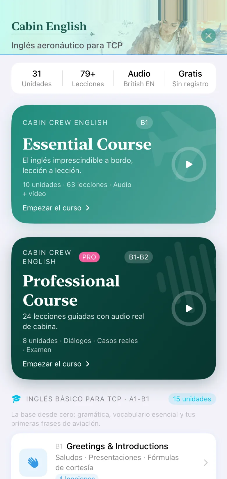 La sección Cabin English en la app