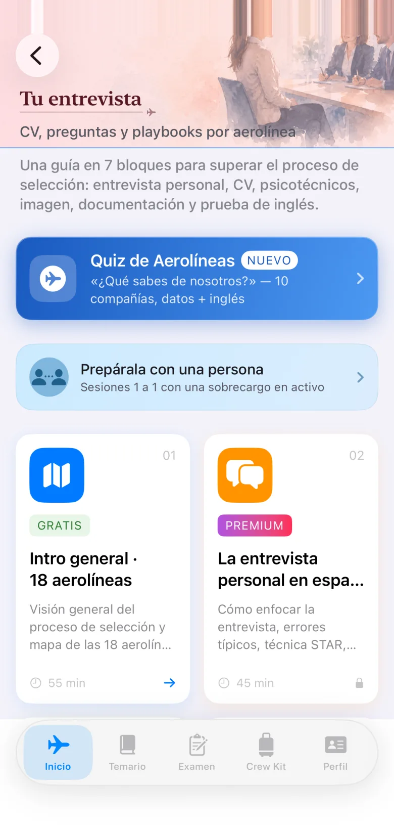 La sección Tu entrevista en la app