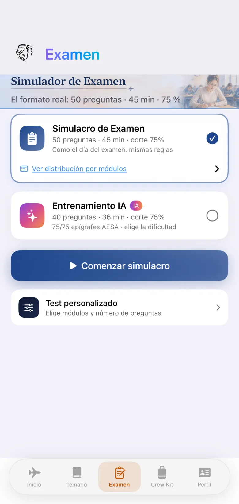 La sección Examen en la app