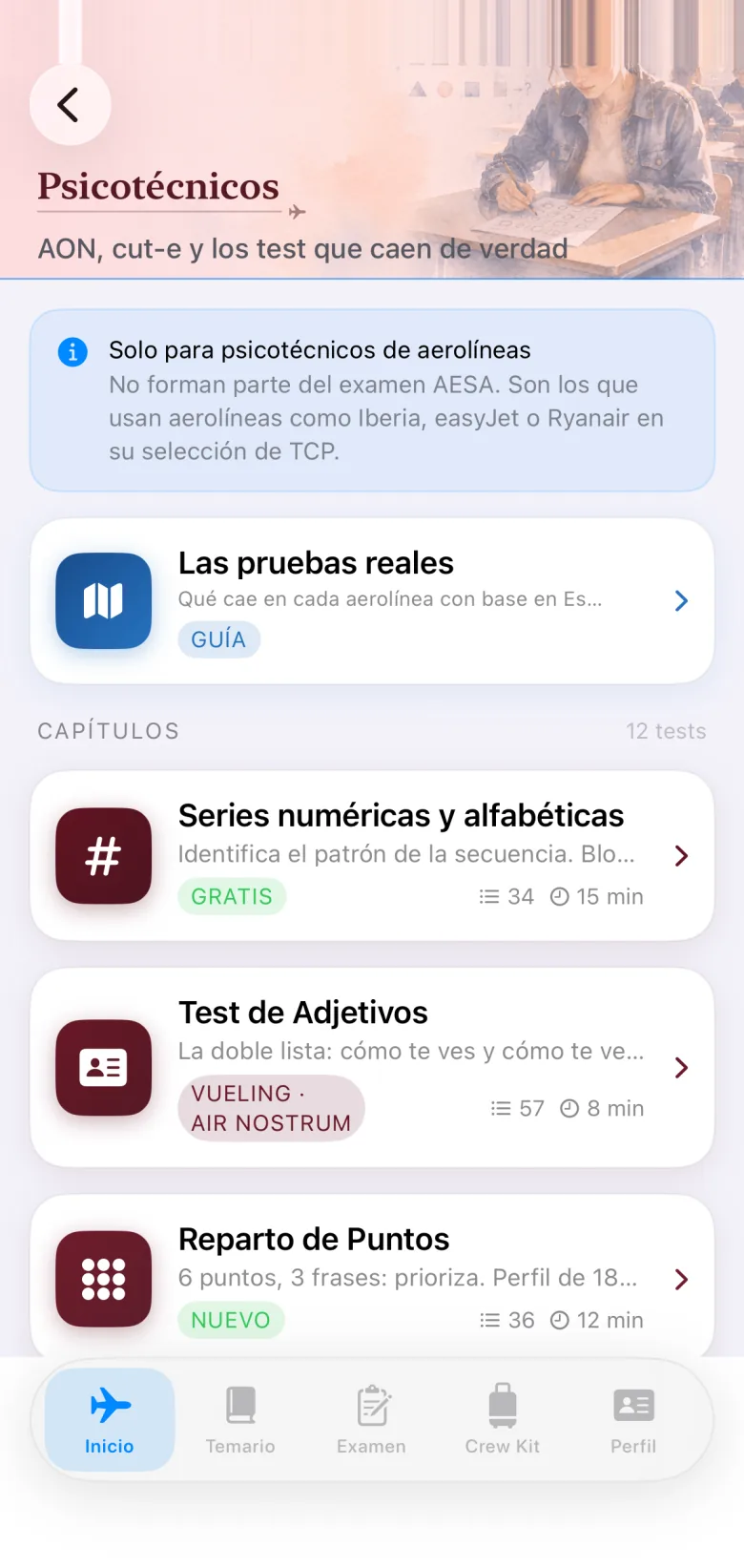 La sección Psicotécnicos en la app