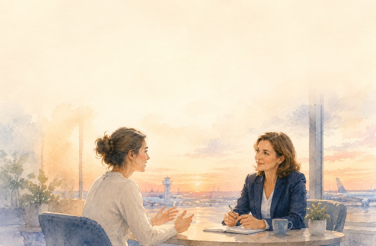 Dos personas conversando junto a un ventanal con vistas a la pista.