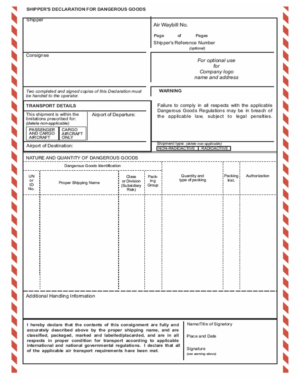 Declaración del expedidor de mercancías peligrosas