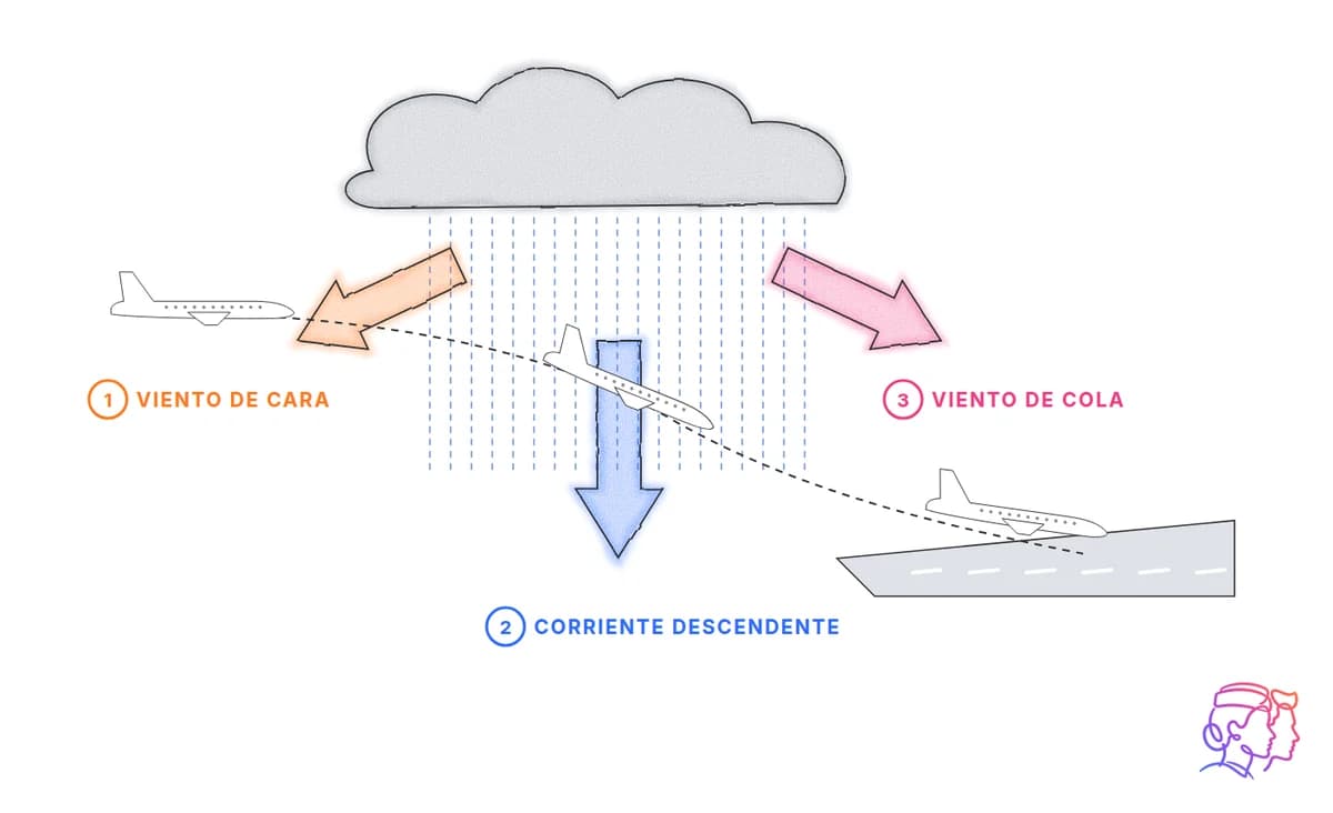 Microrráfaga: viento de cara, corriente descendente y viento de cola