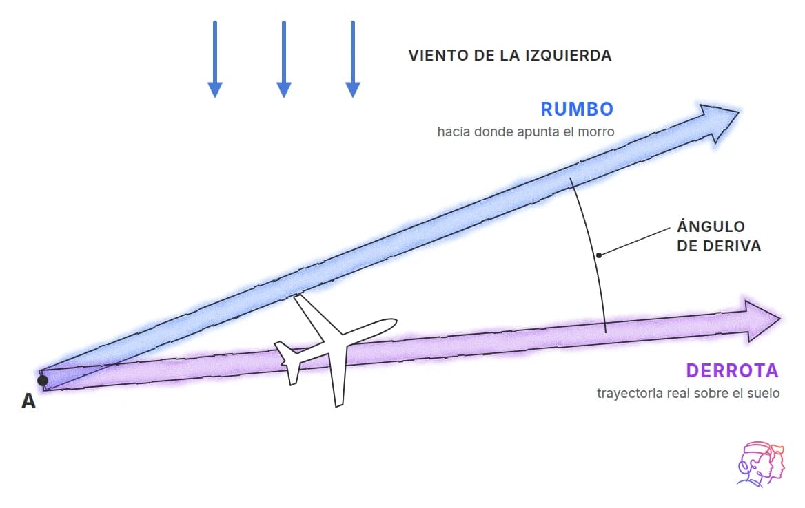 Rumbo, derrota y ángulo de deriva con viento cruzado
