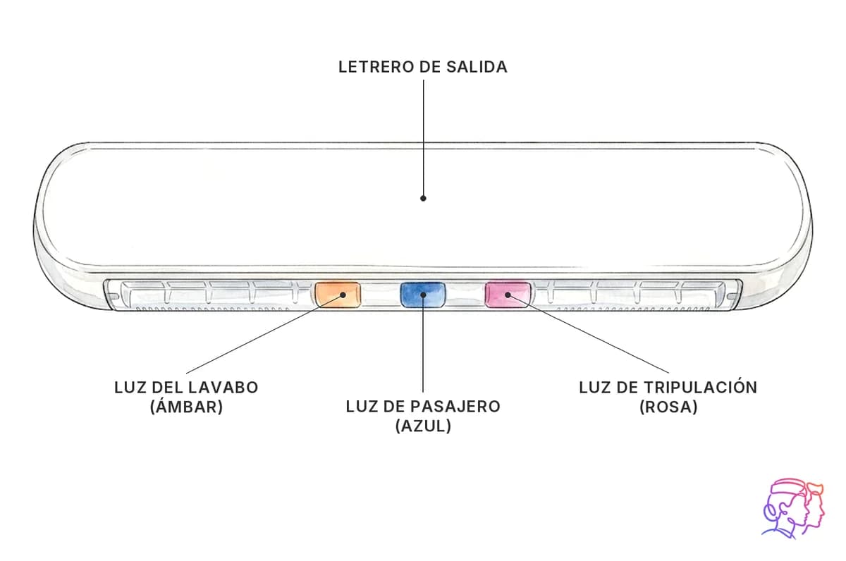Luces de llamada: lavabo (ámbar), pasajero (azul) y tripulación (rosa)