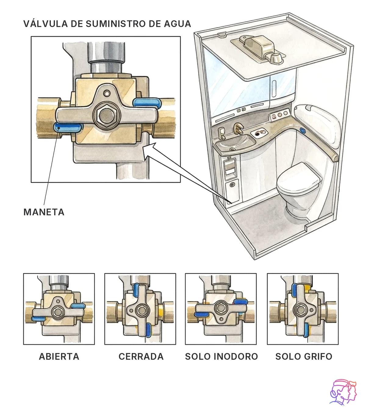 Válvula de suministro de agua y sus posiciones
