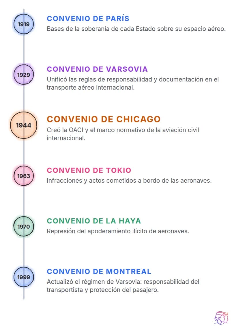 Línea del tiempo vertical con seis convenios de aviación y su año: París 1919, Varsovia 1929, Chicago 1944, Tokio 1963, La Haya 1970 y Montreal 1999.