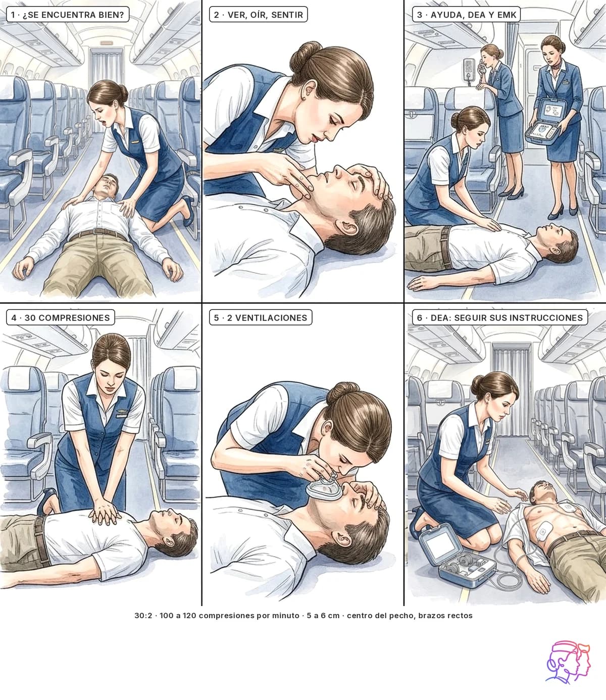 Seis viñetas en las que una TCP atiende a un pasajero tendido en el pasillo: le pregunta si se encuentra bien, comprueba la respiración, pide ayuda y el DEA, hace compresiones, da ventilaciones y sigue las instrucciones del DEA.