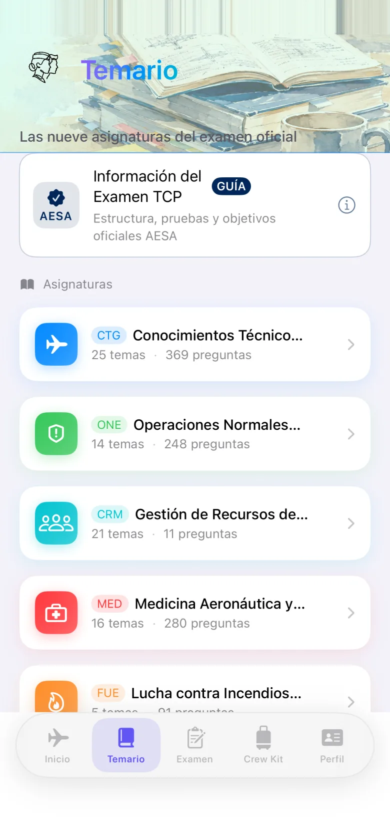La sección Temario en la app