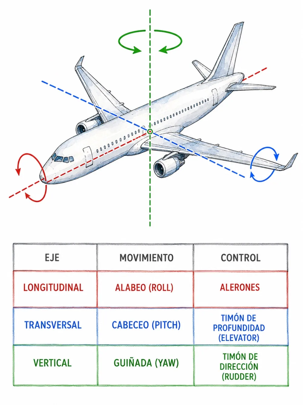 Los tres ejes del avión y sus mandos