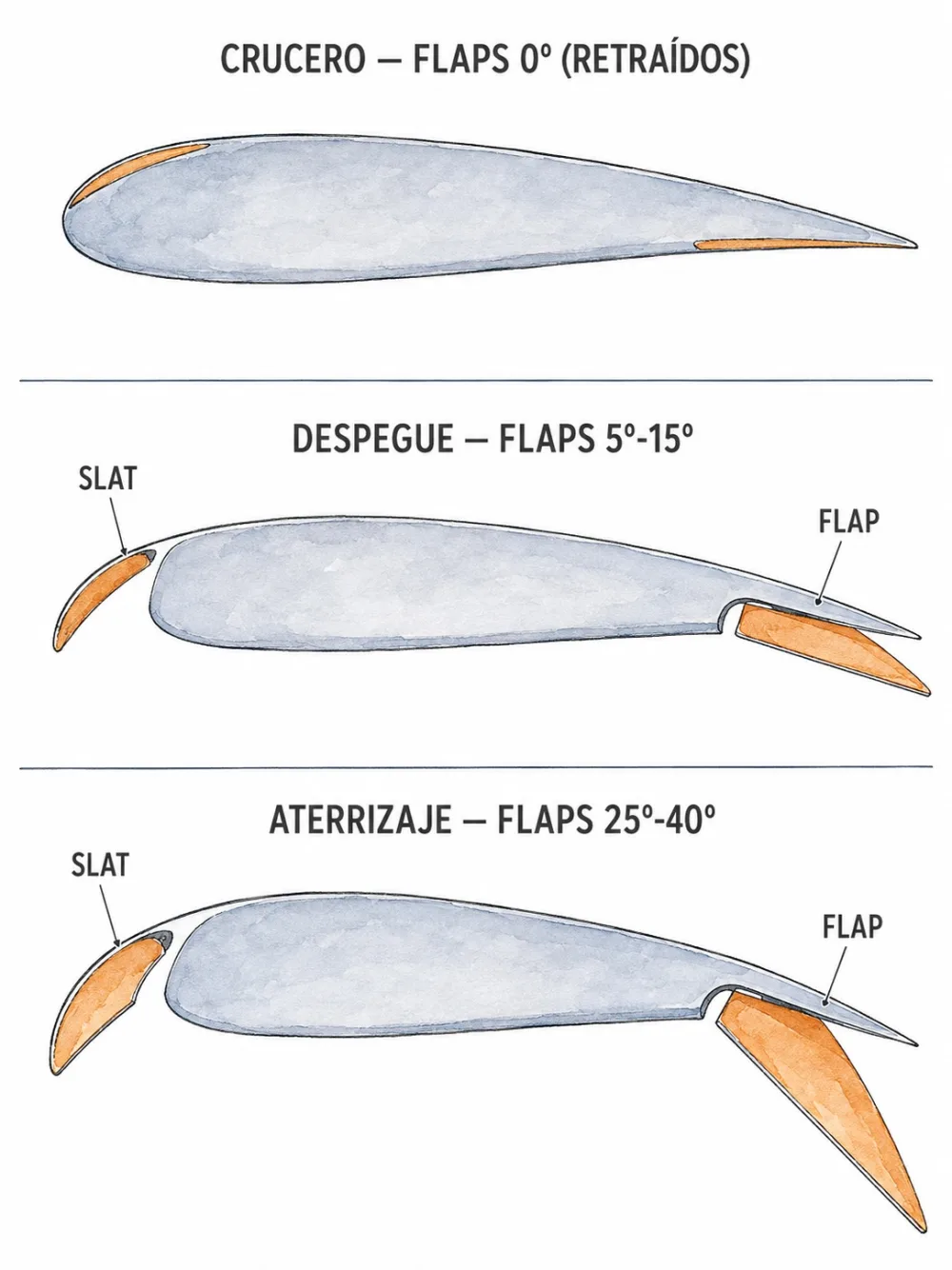 Flaps y slats en crucero, despegue y aterrizaje
